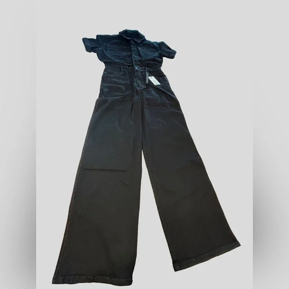 NWT Judy Blue Short Sleeve Straight Tummy Control Black Denim Jumpsuit